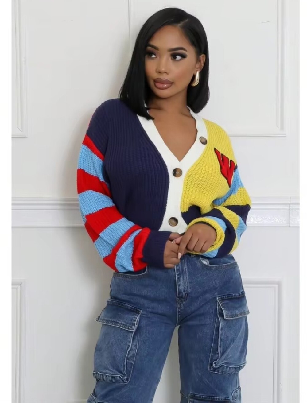 Colorful Knit Letter Rainbow Sleeve  Cardigan Sweater